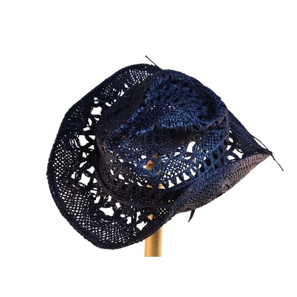 Blue Straw Cowboy Hat Rolled Brim One Size Western Cowgirl Beach - Picture 7 of 7